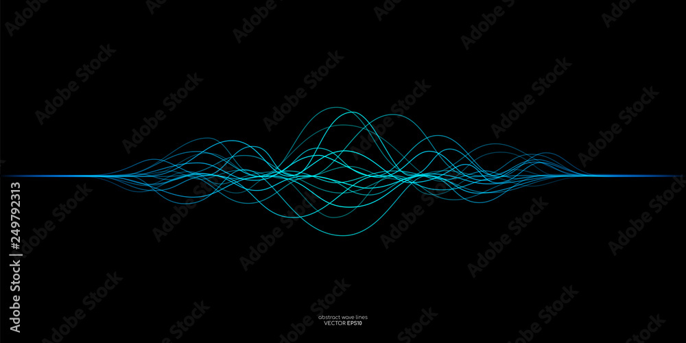 Vector wave lines flowing dynamic in blue green colors isolated on black background for concept of AI technology, music, sound - obrazy, fototapety, plakaty 
