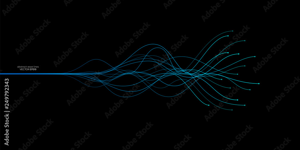 Vector wave lines flowing dynamic in blue green colors isolated on black background for concept of AI technology, music, sound