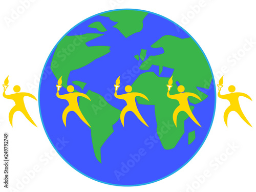 スポーツの国際的な大会をイメージしたイラスト。世界中を聖火リレーしている。