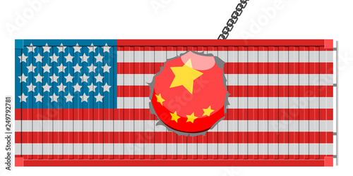 American container with a Chinese demolition ball. Vector illustration desgin