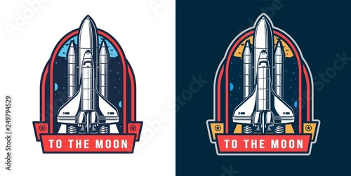 Colorful space rocket launch badge