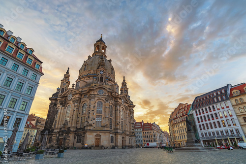 Dresden Germany, sunrise city skyline at Frauenkirche Church