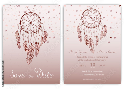  Wedding card invitation hand drawn native american dream catcher beads vector image.
