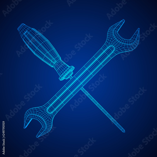 Wrench and screwdriver. Spanner repair tool. Mechanic or engineer instruments. Support service wireframe low poly mesh vector illustration