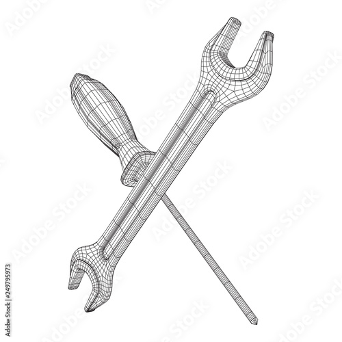 Wrench and screwdriver. Spanner repair tool. Mechanic or engineer instruments. Support service wireframe low poly mesh vector illustration