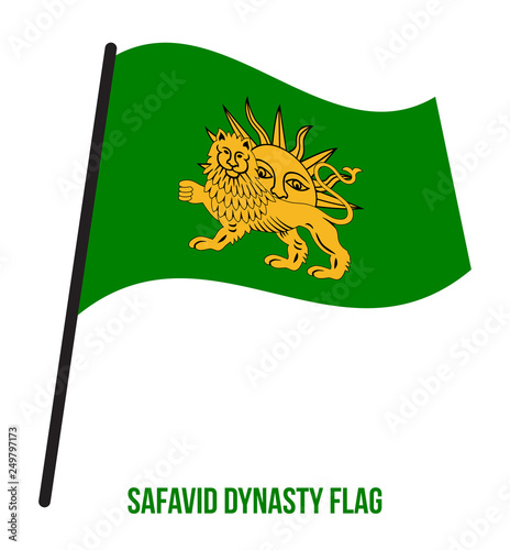 Safavid Dynasty (1501-1736) Flag Waving Vector Illustration on White Background. Historical Iran Flag. The Safavid Dynasty Was One of The Most Significant Ruling Dynasties of Iran. 