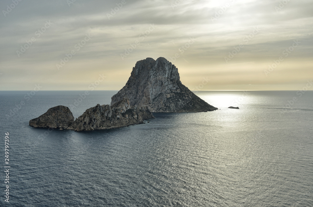 Picturesque view of the mysterious island of Es Vedra. Ibiza, Balearic Islands. Spain