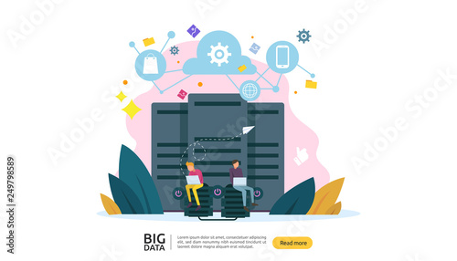 big data and analysis processing concept landing page template. cloud database service, server center room rack with interacting people character for banner, presentation, social or print media