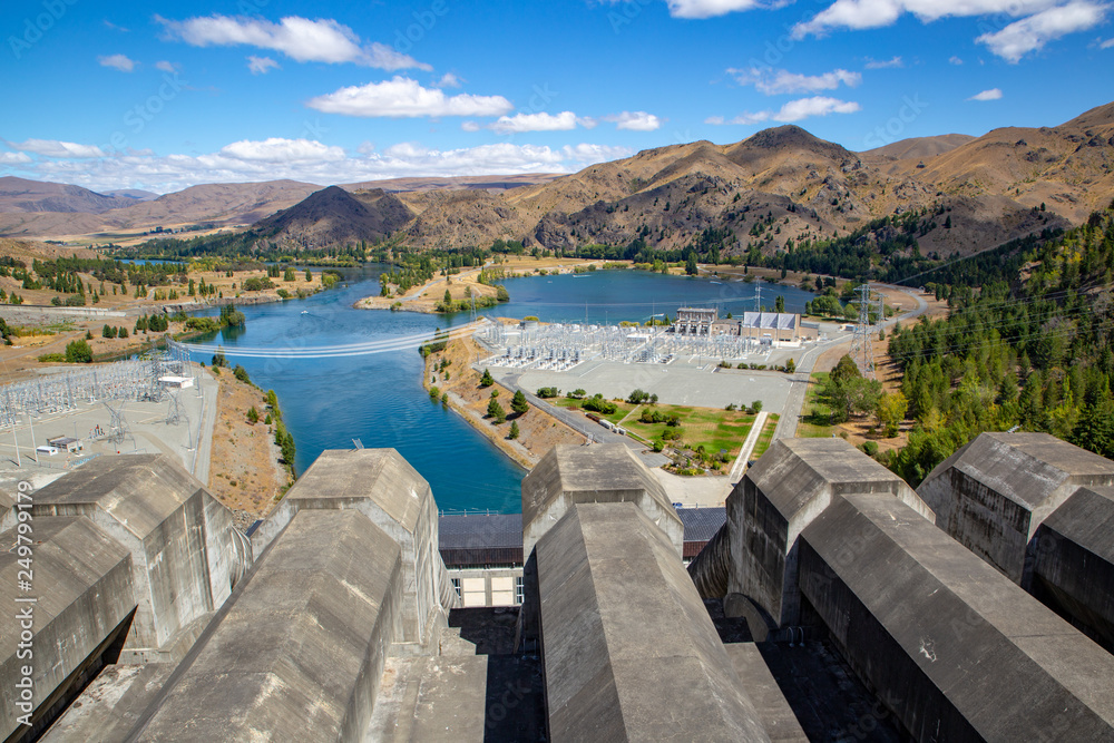 The view of the concrete pipes going to the power station at Benmore Dam, Waitaki Valley, New Zealand