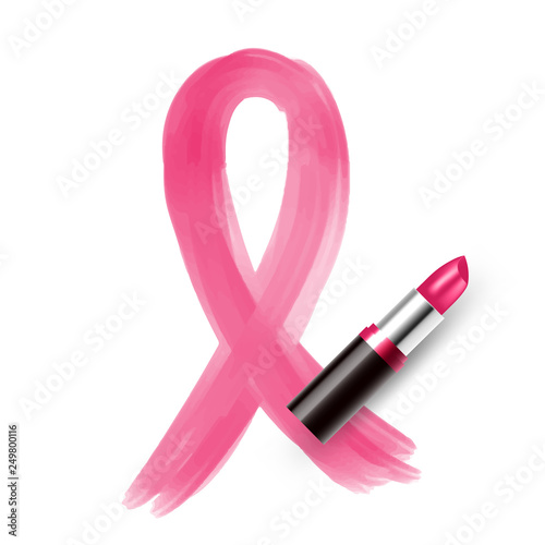 Pink ribbon breast cancer sign write by Lipstick pink color, World cancer day concept design illustration isolated on white background, with copy space