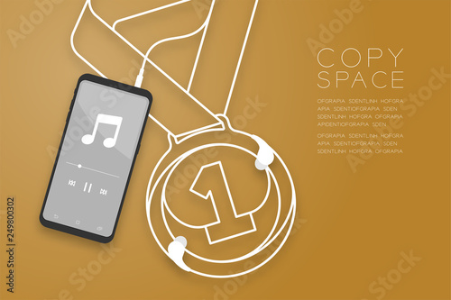 Medal number one shape made from cable Earphones, In ear type with Smartphone flat design, Winner music concept illustration isolated on gold gradient background, with copy space vector eps 10