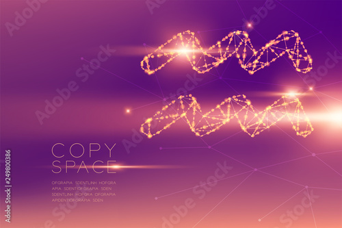 Aquarius Zodiac sign wireframe polygon futuristic bokeh light frame structure and lens flare, Fortune teller concept design illustration isolated on purple gradients background with copy space