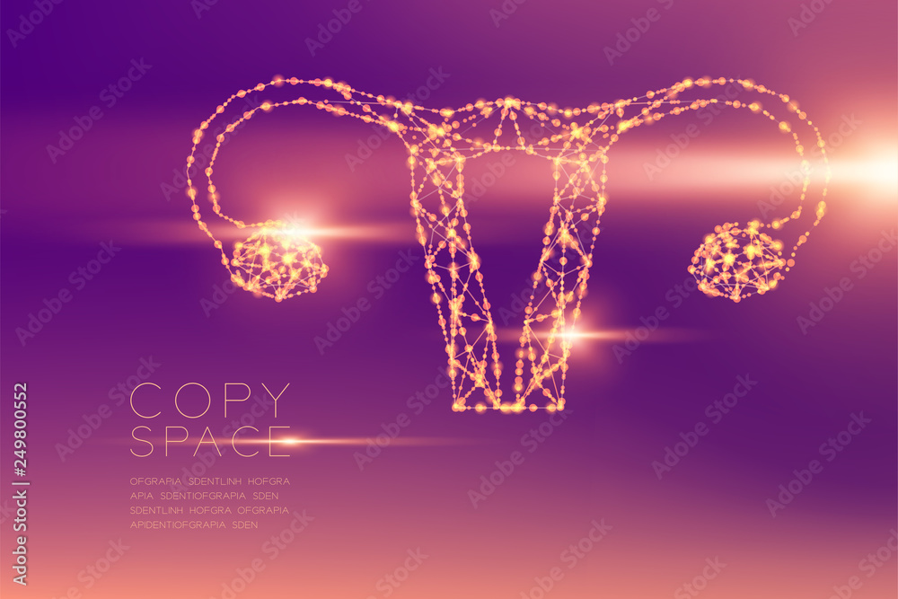 Ovary and uterus shape futuristic pattern wireframe polygon bokeh light structure and lens flare, Medical Science Organ concept illustration isolated on purple gradients background with copy space