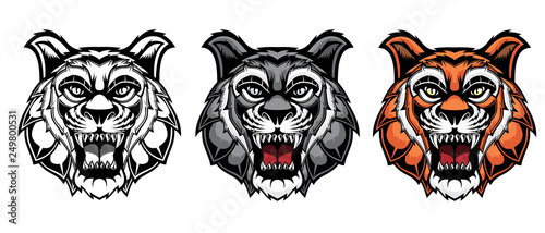 Set of growling tiger heads