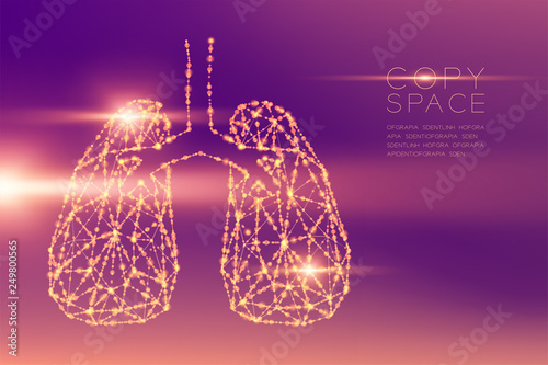 Lung shape futuristic pattern wireframe polygon bokeh light structure and lens flare, Medical Science Organ concept illustration isolated on purple gradients background with copy space