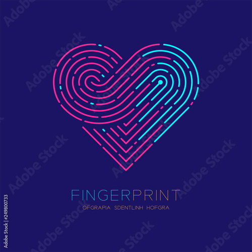 Heart pattern Fingerprint scan logo icon dash line, Love valentine concept, Editable stroke illustration pink and blue isolated on dark blue background with Fingerprint text and space, vector eps10