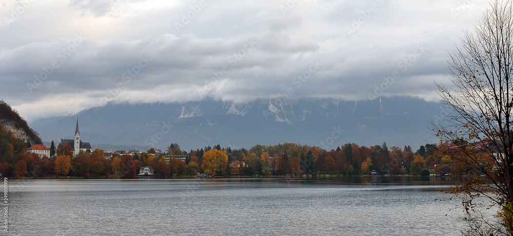 Bled with lake, island and mountains in background, Slovenia, Europe