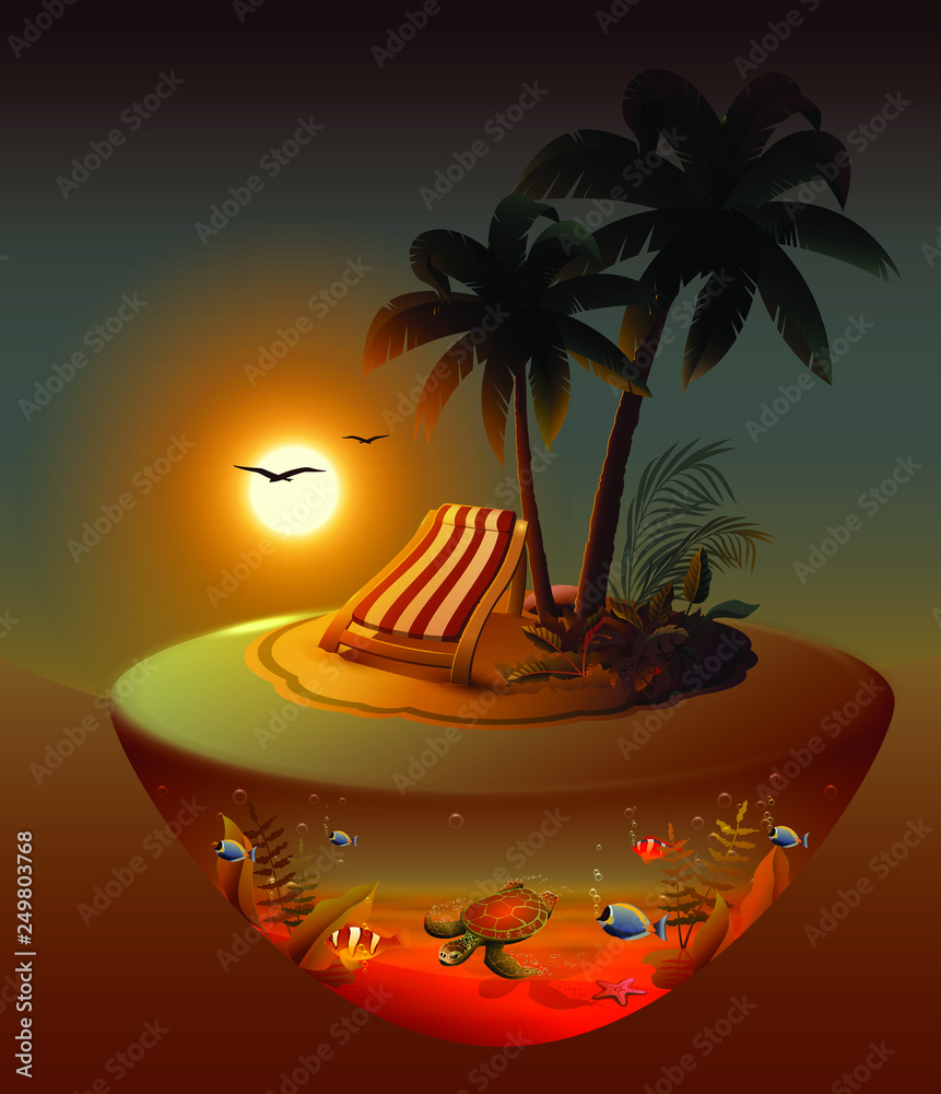Summer holidays on night tropical island under palm trees. Vector cartoon illustration