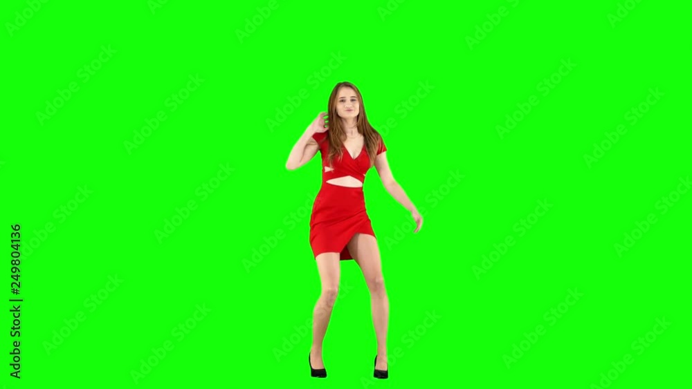 Girl in Red Dress Dancing on Green Screen Girl in Red Dress Dancing on Green Screen
