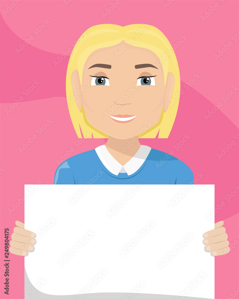 Vector flat illustration of a white woman with a placard in her hands. Racial diversity. Vector flat illustration of a white woman with a placard in her hands. Racial diversity.