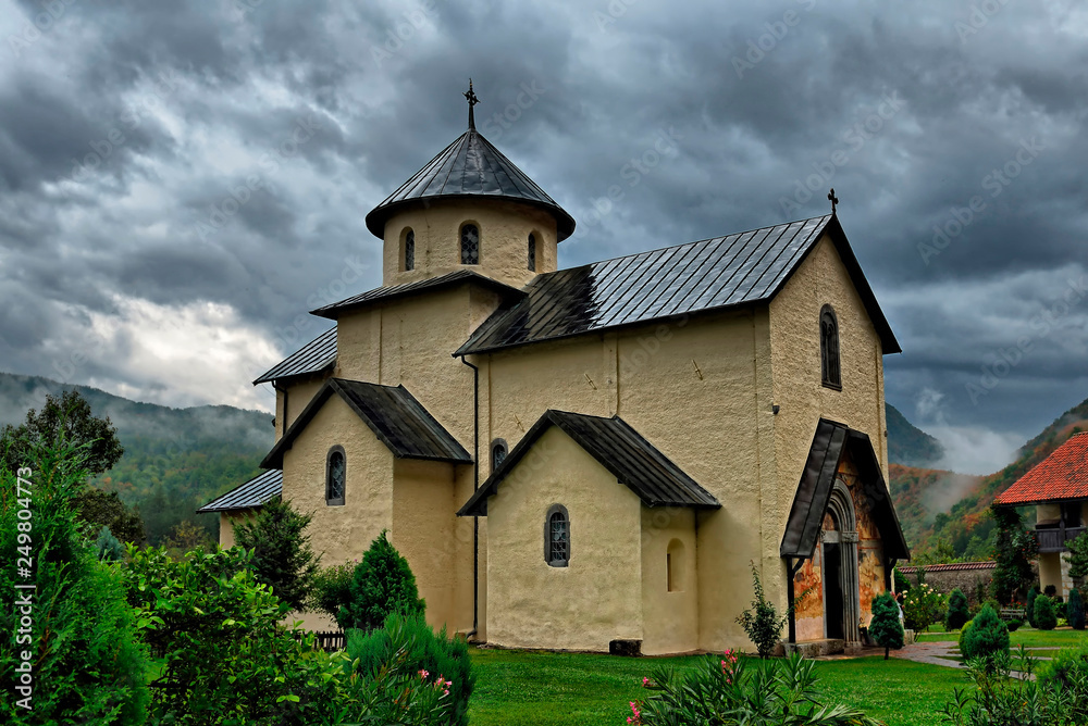 Monastery Moracha at rainy autumn day, Montenegro.