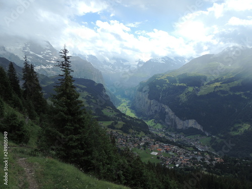 Panorama with valley and snow caps on mountain peaks