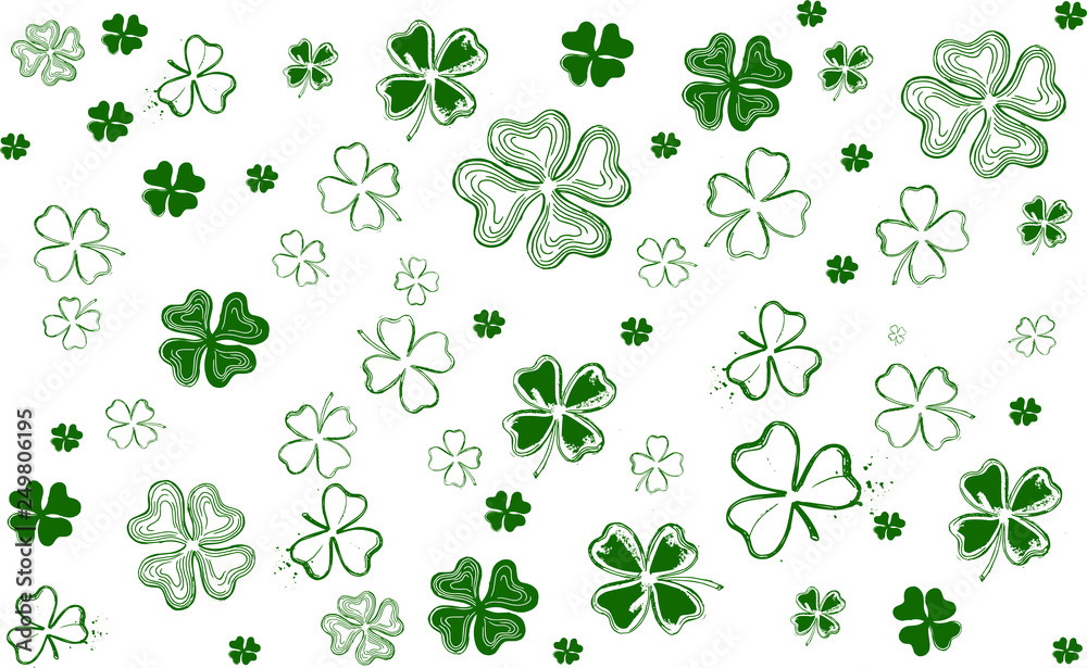 Saint Patricks Day, festive background with flying clover Saint Patricks Day, festive background with flying clover