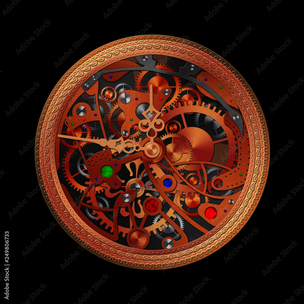 Old mechanical clock. Vintage mechanism structure with clock hands, gears  and colorful stones. Inside view. Background. Hands of the clock are moving  - life goes on. Illustration without reference Stock Illustration