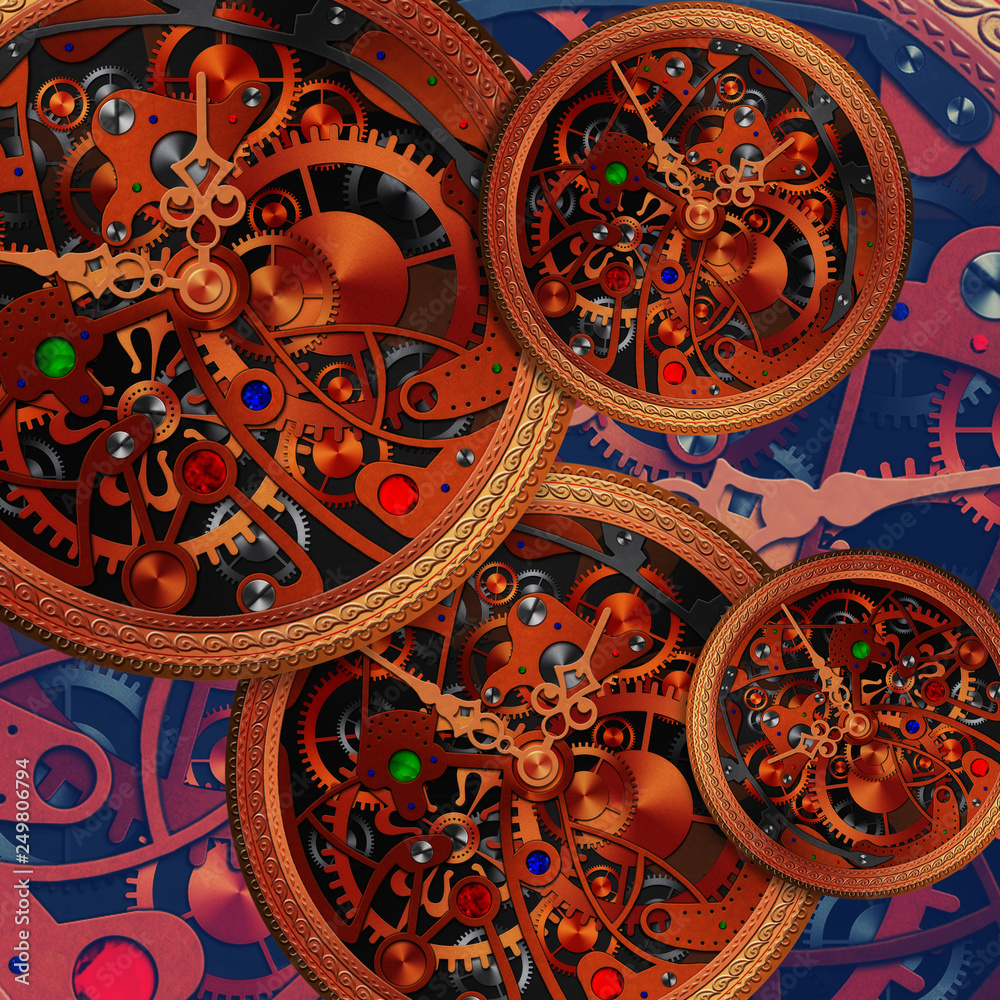 Old mechanical clock. Vintage mechanism structure with clock hands