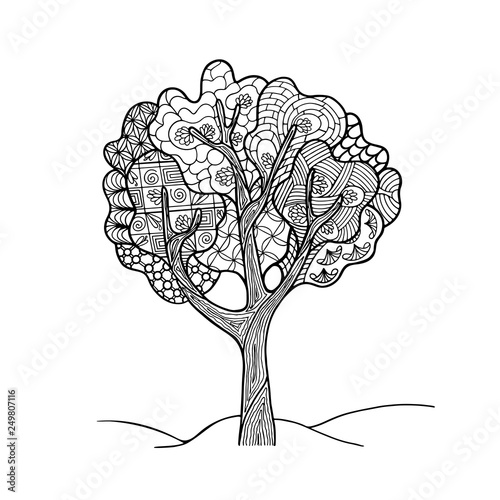 Contour hand drawing zendoodle tree. Stylization and fantasy. Black and white isolated vector illustration. Coloring book for children and adults. photo