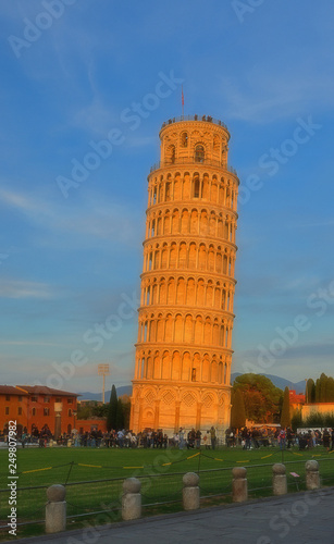 Leaning Tower of Pisa, Italy, Europe. Tower of Pisa Over Blue Sky. Italian Architecture.