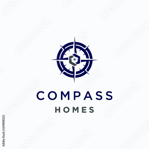A compass logo design template. Awesome a compass with home negatice space logo. A compass with home lineart logotype.