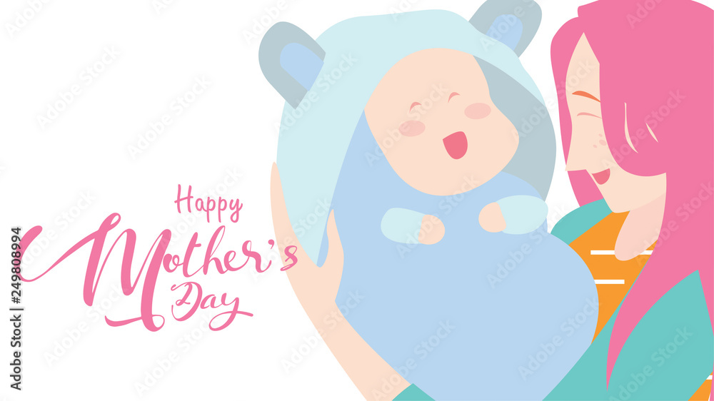 Happy mother's day! beautiful Mum laughing, smiling and holding healthy baby with happy. Colorful vector illustration flat design style. Flat cartoon style. - vector Happy mother's day! beautiful Mum laughing, smiling and holding healthy baby with happy. Colorful vector illustration flat design style. Flat cartoon style. - vector