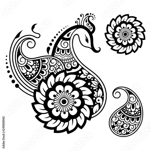 Set of Mehndi flower pattern and peacock for Henna drawing and tattoo. Decoration in ethnic oriental, Indian style.