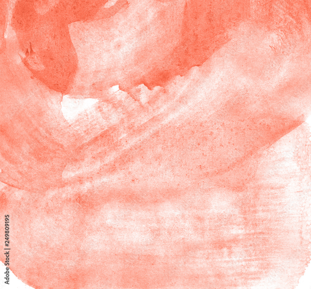 Fototapeta premium Abstract watercolor background hand-drawn on paper. Volumetric smoke elements. Red, Living Coral color. For design, web, card, text, decoration, surfaces.