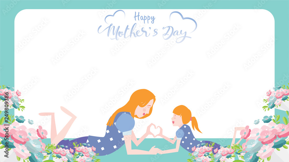 Happy mother's day banner. Child daughter congratulates mom with dancing, playing, and hands showing heart shape symbol. Colorful vector illustration flat design style. Copy space for text. - vector