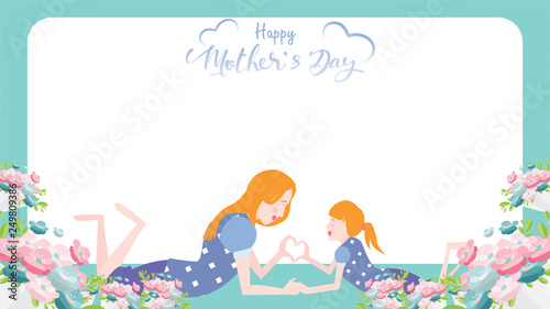 Happy mother's day banner. Child daughter congratulates mom with dancing, playing, and hands showing heart shape symbol. Colorful vector illustration flat design style. Copy space for text. - vector