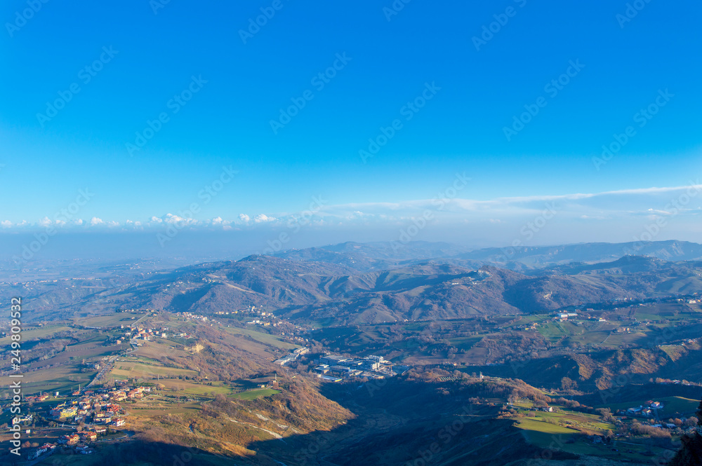 Beautiful view from San Marino city to hills of San Marino. Italian hills view from above