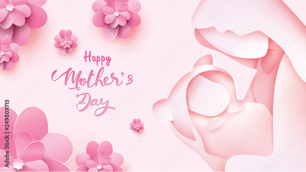 Happy mother's day greeting card. Paper cut style mum smiling and holding healthy baby with happiness in pink background with flowers frame. Vector illustration. Copy space for text. - Vector