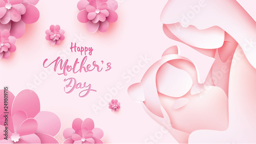 Happy mother's day greeting card. Paper cut style mum smiling and holding healthy baby with happiness in pink background with flowers frame. Vector illustration. Copy space for text. - Vector