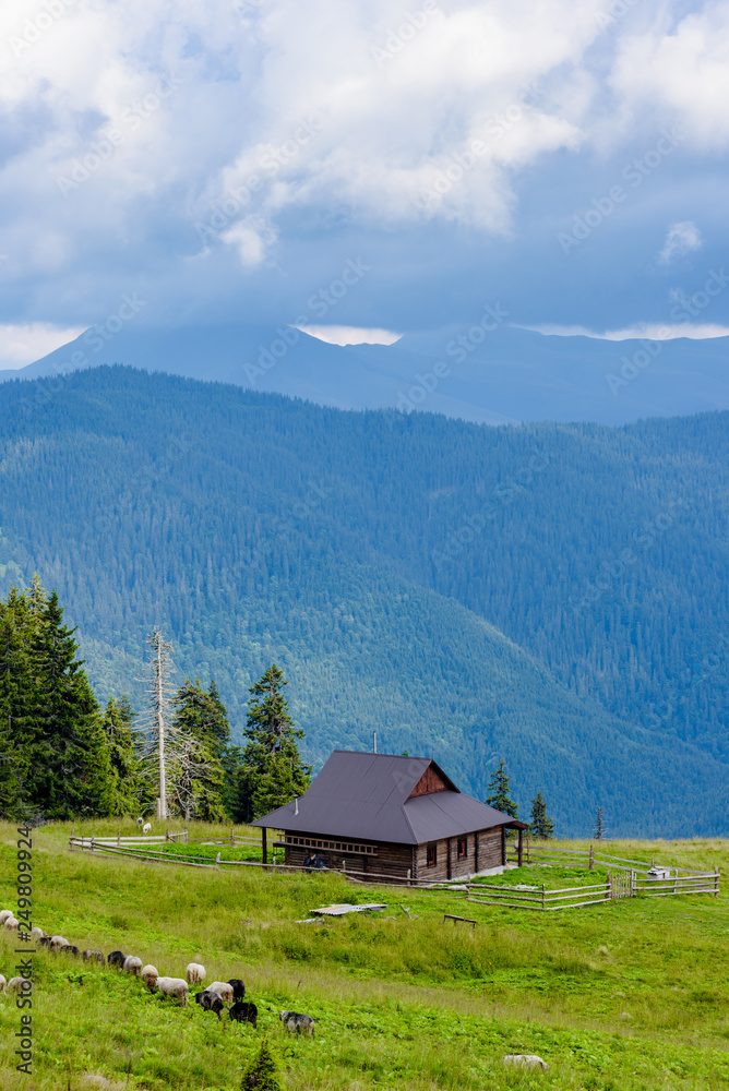 Beautiful mountains landscape with green meadow and modern wooden house