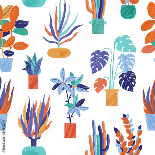 Brightly colored seamless pattern with stylized houseplants, house plants - monstera, cactus, ficus in pots, vector illustration on white background. Funky houseplants, house plants seamless pattern