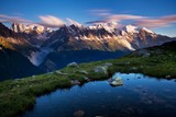 Colorful summer view of the Mont Blanc (Monte Bianco) on background, Chamonix location. Beautiful outdoor scene in Vallon de Berard Nature Reserve, Aiguilles Rouges, Graian Alps, France, Europe