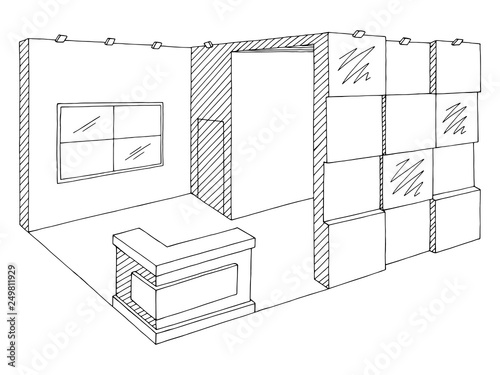 Exhibition stand graphic interior black white sketch illustration vector