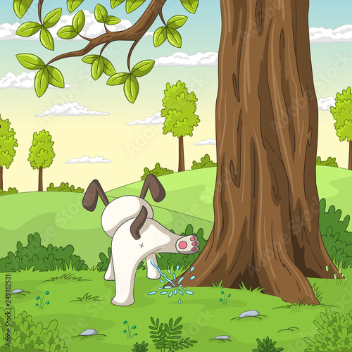 Young dog is peeing on a tree. Vector Illustration with separate layers. 