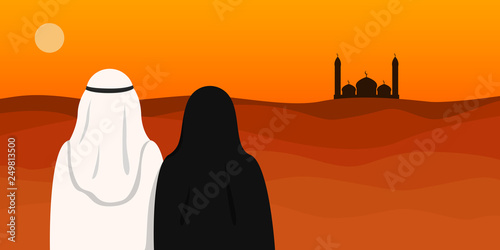 Arab man in kandura and woman in hijab looking at mosque. Vector illustration. photo