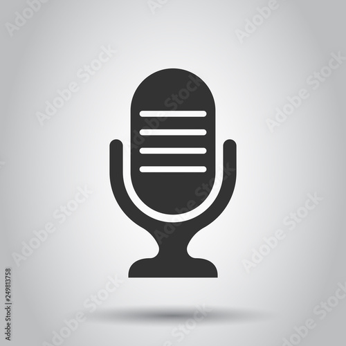 Microphone icon in flat style. Mic broadcast vector illustration on white background. Mike speech business concept.