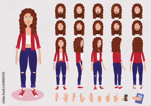 Fashion teenage girl character with various views and face emotions. Front, side, back, 3/4 view animated character. 