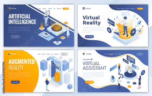 Set of Landing page design templates for Artificial Intelligence, Virtual Reality, Augmented Reality and Virtual Assistant. Easy to edit and customize. Modern Vector illustration concepts for websites