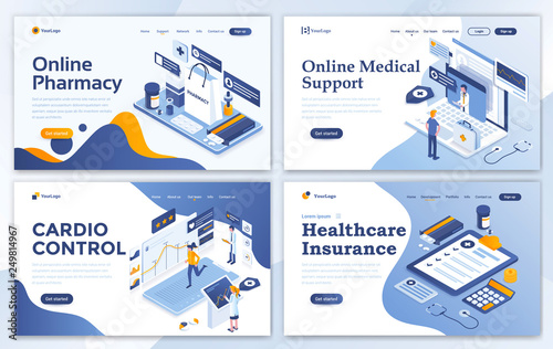Set of Landing page design templates for Online Pharmacy, Online Medical support, Cardio Control and Healthcare Insurance. Easy to edit and customize. Modern Vector illustration concepts for websites